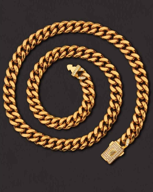 Lant Barbati Auriu Model Cuban Monaco, Masiv Cu Inchidere Decorativa, Bijuterie Urbana Stil Hip-hop Elegant