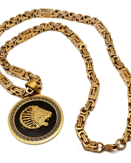 Lant Barbati Inox 316l Placat Aur, Model Versace, Medalion Rotund Cu Leu, Cu Negru