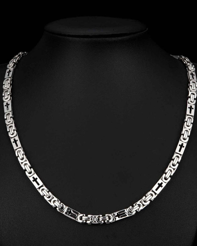 Lant Barbati Inox Argintiu Cu Elemente Cruce, Model Bizantin, 6mm Grosime, Bijuterie Urbana Stil Hip-hop Elegant