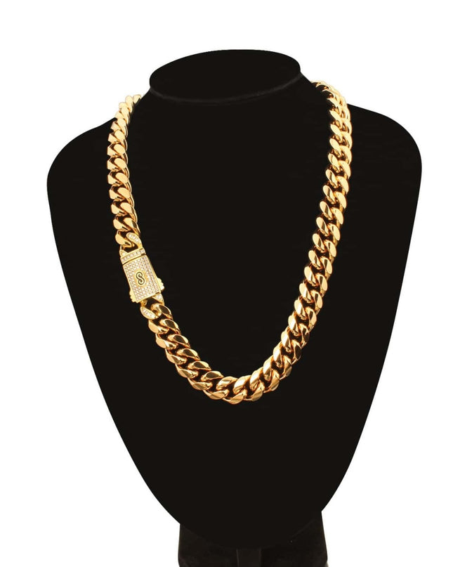 Lant Barbati Model Cuban Monaco, Auriu, Bijuterie Masiva Cu Inchidere Cu Pietre Premium, Stil Hip-hop Urban, Accesoriu Statement