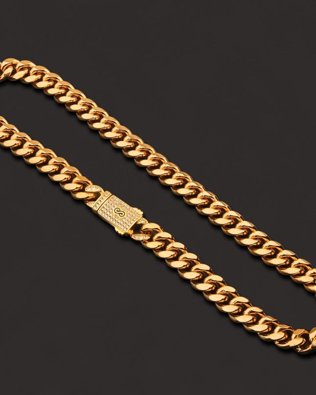 Lant Barbati Model Cuban Monaco, Auriu, Bijuterie Masiva Cu Inchidere Cu Pietre Premium, Stil Hip-hop Urban, Accesoriu Statement