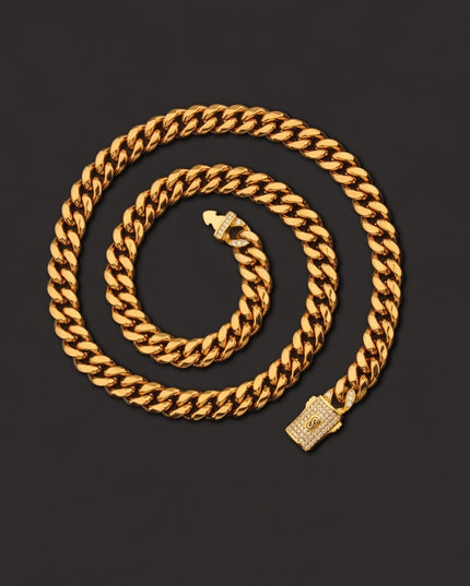 Lant Barbati Model Cuban Monaco, Auriu, Bijuterie Masiva Cu Inchidere Cu Pietre Premium, Stil Hip-hop Urban, Accesoriu Statement