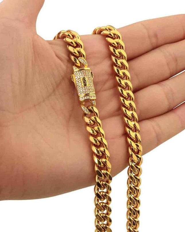 Lant Barbati Model Cuban Monaco, Auriu, Bijuterie Masiva Cu Inchidere Cu Pietre Premium, Stil Hip-hop Urban, Accesoriu Statement