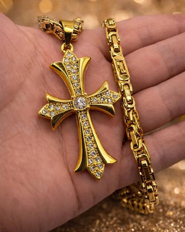 Lant Barbati Si Cruce Aurie Placata Aur 14k Cu Pietre, Model Asemanator Versace
