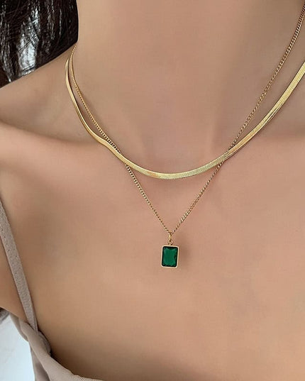 Lant Din Inox Placat Cu Aur – Colier Elegant Cu Pandantiv Patrat Si Piatra Verde