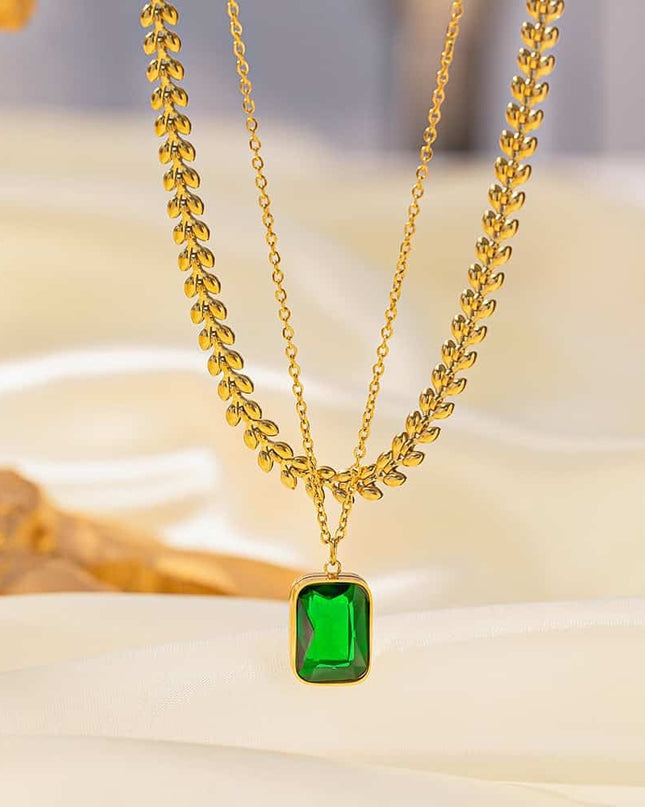 Lant Din Inox Placat Cu Aur Cu Pandantiv Piatra Verde – Colier Elegant Pentru Femei