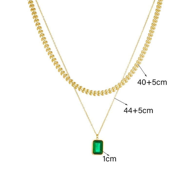 Lant Din Inox Placat Cu Aur Cu Pandantiv Piatra Verde – Colier Elegant Pentru Femei