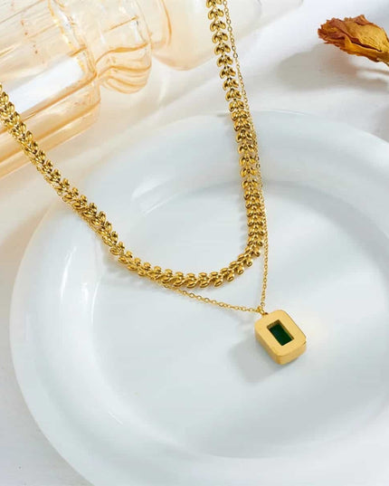 Lant Din Inox Placat Cu Aur Cu Pandantiv Piatra Verde – Colier Elegant Pentru Femei
