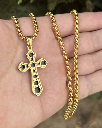 Lant Elegant Cu Pandantiv Crucifix, Placat Aur, Cruce Neagra Stil Urban