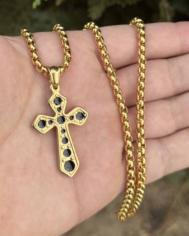 Lant Elegant Cu Pandantiv Crucifix, Placat Aur, Cruce Neagra Stil Urban