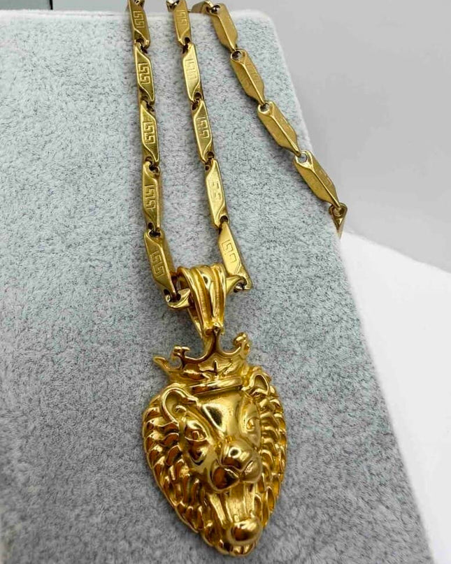 Lant Inox Barbati Cu Pandantiv Leu, Model Deosebit Versace, Placat Aur 18k Model Grecesc, Pandantiv Leu Regal