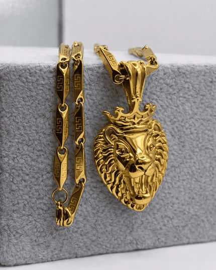 Lant Inox Barbati Cu Pandantiv Leu, Model Deosebit Versace, Placat Aur 18k Model Grecesc, Pandantiv Leu Regal