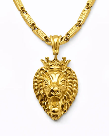 Lant Inox Barbati Cu Pandantiv Leu, Model Deosebit Versace, Placat Aur 18k Model Grecesc, Pandantiv Leu Regal