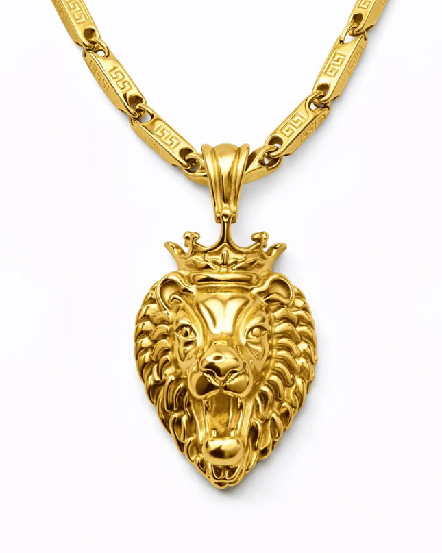 Lant Inox Barbati Cu Pandantiv Leu, Model Deosebit Versace, Placat Aur 18k Model Grecesc, Pandantiv Leu Regal