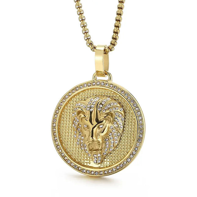 Lant Inox Si Pandantiv Model Cap De Leu ---lion--- Placat Aur Model Deosebit