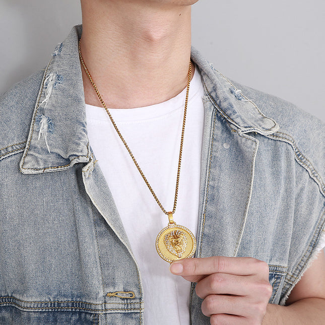 Lant Inox Si Pandantiv Model Cap De Leu ---lion--- Placat Aur Model Deosebit