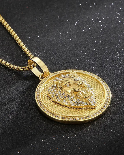 Lant Inox Si Pandantiv Model Cap De Leu ---lion--- Placat Aur Model Deosebit