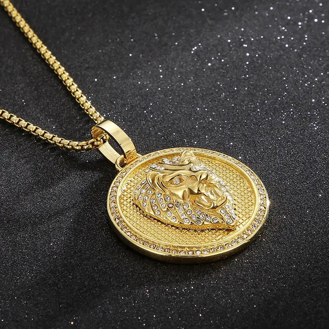 Lant Inox Si Pandantiv Model Cap De Leu ---lion--- Placat Aur Model Deosebit