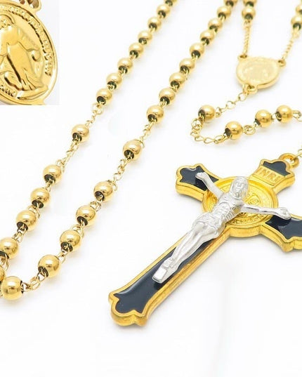 Lant Rozariu Elegant Cu Cruce Decorativa Si Bile Aurii, Model Religios Clasic