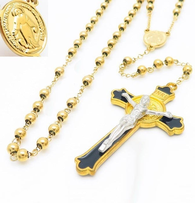 Lant Rozariu Elegant Cu Cruce Decorativa Si Bile Aurii, Model Religios Clasic