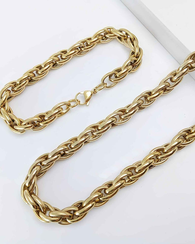Lant Si Bratara Barbati Din Inox Auriu, Model Roti Duble Rasucite, Lantisor Barbatesc Masiv Bijuterie Rezistenta Si Eleganta