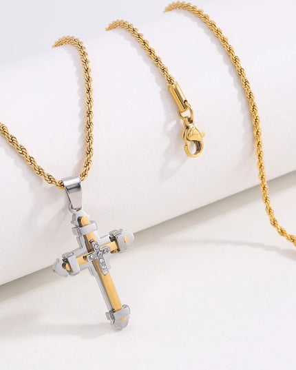 Lant Unisex Din Otel Inoxidabil Placat Aur Cu Pandantiv Crucifix Bicolor