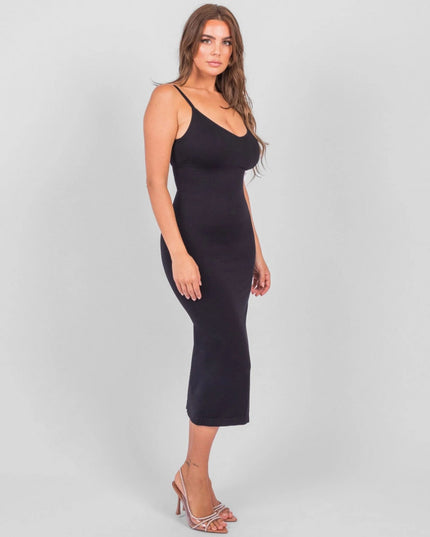 Rochie Modelatoare Cu Decolteu in V Adanc, Compresie Medie Ptr Aplatizarea Abdomenului, Accentuaza Formele , Culoare Neagra