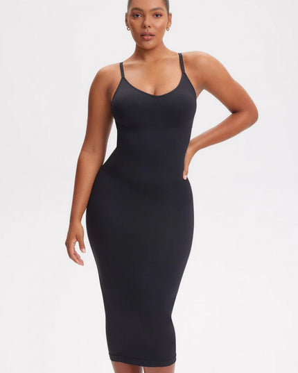 Rochie Modelatoare Cu Decolteu in V Adanc, Compresie Medie Ptr Aplatizarea Abdomenului, Accentuaza Formele , Culoare Neagra