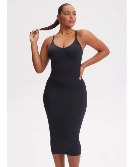 Rochie Modelatoare Cu Decolteu in V Adanc, Compresie Medie Ptr Aplatizarea Abdomenului, Accentuaza Formele , Culoare Neagra