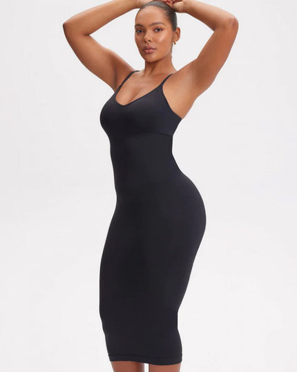 Rochie Modelatoare Cu Decolteu in V Adanc, Compresie Medie Ptr Aplatizarea Abdomenului, Accentuaza Formele , Culoare Neagra