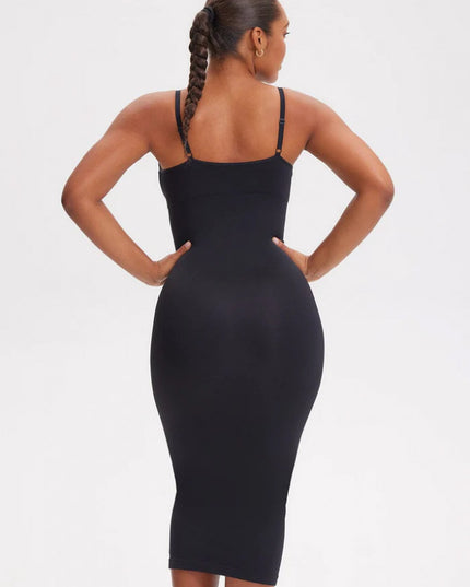 Rochie Modelatoare Cu Decolteu in V Adanc, Compresie Medie Ptr Aplatizarea Abdomenului, Accentuaza Formele , Culoare Neagra