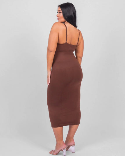 Rochie Modelatoare Cu Decolteu in V Adanc, Compresie Medie Ptr Aplatizarea Abdomenului, Accentuaza Formele , Culoare Maro
