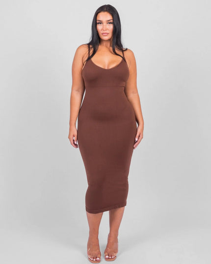Rochie Modelatoare Cu Decolteu in V Adanc, Compresie Medie Ptr Aplatizarea Abdomenului, Accentuaza Formele , Culoare Maro