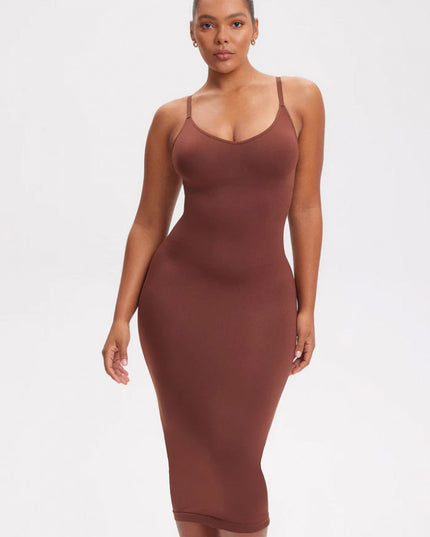 Rochie Modelatoare Cu Decolteu in V Adanc, Compresie Medie Ptr Aplatizarea Abdomenului, Accentuaza Formele , Culoare Maro