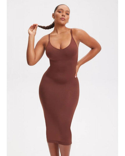 Rochie Modelatoare Cu Decolteu in V Adanc, Compresie Medie Ptr Aplatizarea Abdomenului, Accentuaza Formele , Culoare Maro