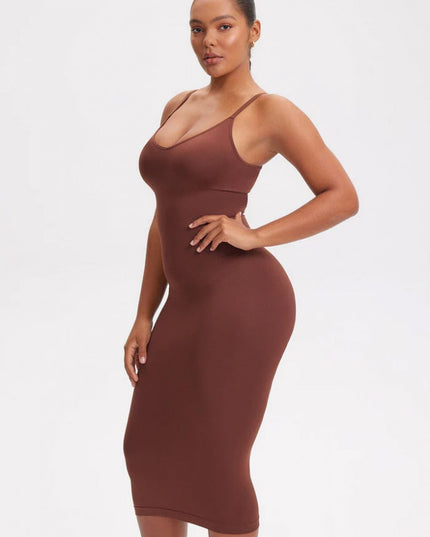 Rochie Modelatoare Cu Decolteu in V Adanc, Compresie Medie Ptr Aplatizarea Abdomenului, Accentuaza Formele , Culoare Maro