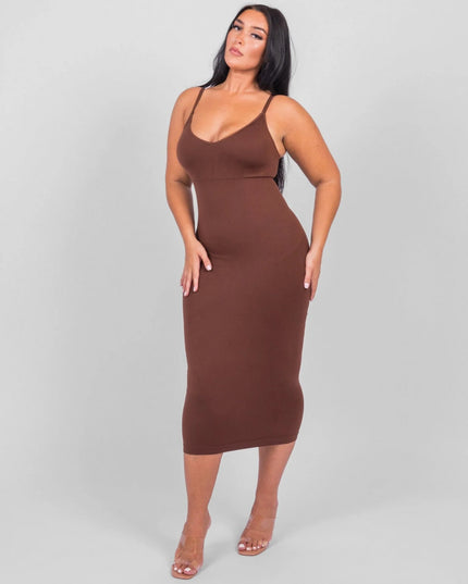 Rochie Modelatoare Cu Decolteu in V Adanc, Compresie Medie Ptr Aplatizarea Abdomenului, Accentuaza Formele , Culoare Maro
