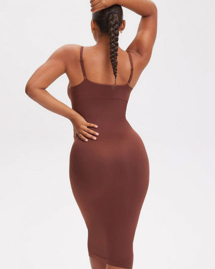 Rochie Modelatoare Cu Decolteu in V Adanc, Compresie Medie Ptr Aplatizarea Abdomenului, Accentuaza Formele , Culoare Maro