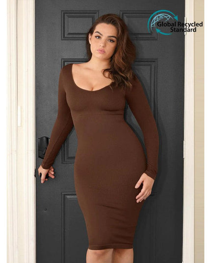 Rochie Modelatoare Cu Maneci lungi , Compresie Medie Ptr Aplatizarea Abdomenului, Accentuaza Formele , Culoare Maro