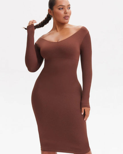 Rochie Modelatoare Cu Maneci lungi , Compresie Medie Ptr Aplatizarea Abdomenului, Accentuaza Formele , Culoare Maro