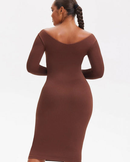 Rochie Modelatoare Cu Maneci lungi , Compresie Medie Ptr Aplatizarea Abdomenului, Accentuaza Formele , Culoare Maro