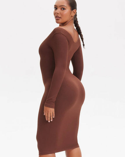 Rochie Modelatoare Cu Maneci lungi , Compresie Medie Ptr Aplatizarea Abdomenului, Accentuaza Formele , Culoare Maro