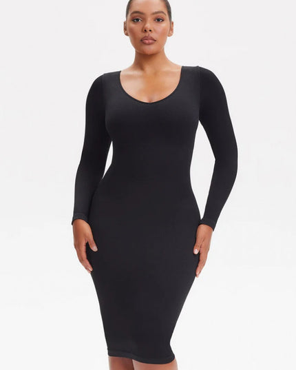 Rochie Modelatoare Cu Maneci lungi , Compresie Medie Ptr Aplatizarea Abdomenului, Accentuaza Formele , Culoare Neagra