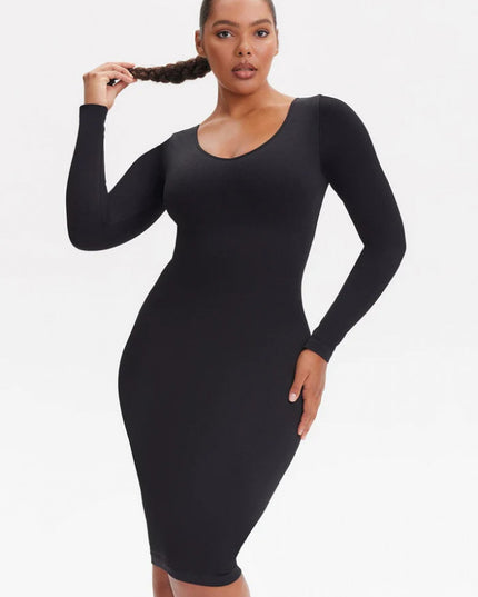 Rochie Modelatoare Cu Maneci lungi , Compresie Medie Ptr Aplatizarea Abdomenului, Accentuaza Formele , Culoare Neagra