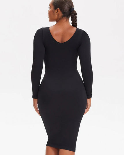 Rochie Modelatoare Cu Maneci lungi , Compresie Medie Ptr Aplatizarea Abdomenului, Accentuaza Formele , Culoare Neagra