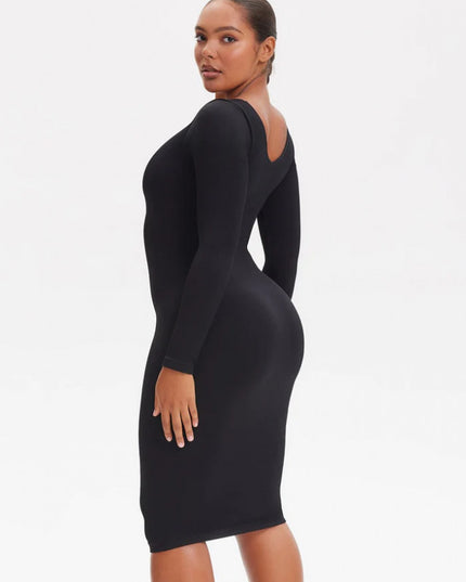 Rochie Modelatoare Cu Maneci lungi , Compresie Medie Ptr Aplatizarea Abdomenului, Accentuaza Formele , Culoare Neagra