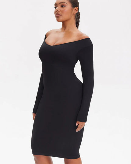 Rochie Modelatoare Cu Maneci lungi , Compresie Medie Ptr Aplatizarea Abdomenului, Accentuaza Formele , Culoare Neagra