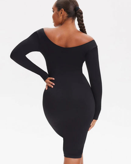Rochie Modelatoare Cu Maneci lungi , Compresie Medie Ptr Aplatizarea Abdomenului, Accentuaza Formele , Culoare Neagra