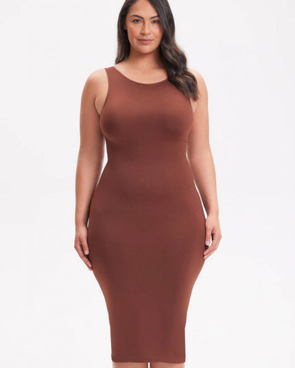 Rochie Modelatoare Cu Spate Decoltat in U , Compresie Medie Ptr Aplatizarea Abdomenului, Accentuaza Formele , Culoare Maro
