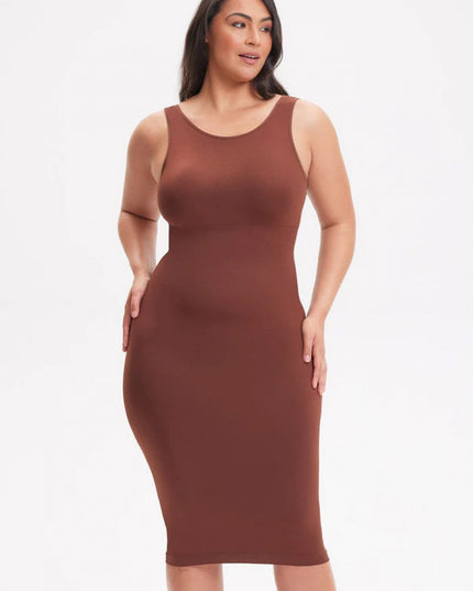 Rochie Modelatoare Cu Spate Decoltat in U , Compresie Medie Ptr Aplatizarea Abdomenului, Accentuaza Formele , Culoare Maro